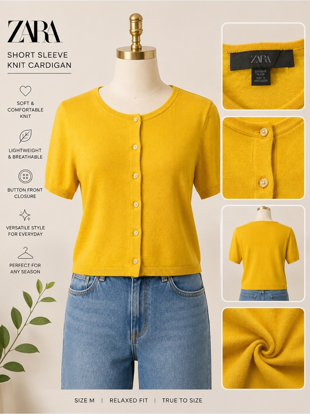 ZARA Mustard Yellow Short-Sleeve Knit Cardigan